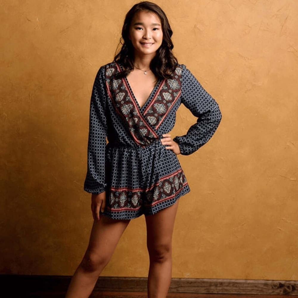 Buttons Blue Red Geometric Long Sleeve Wrap Style Romper Small Boho Festival
